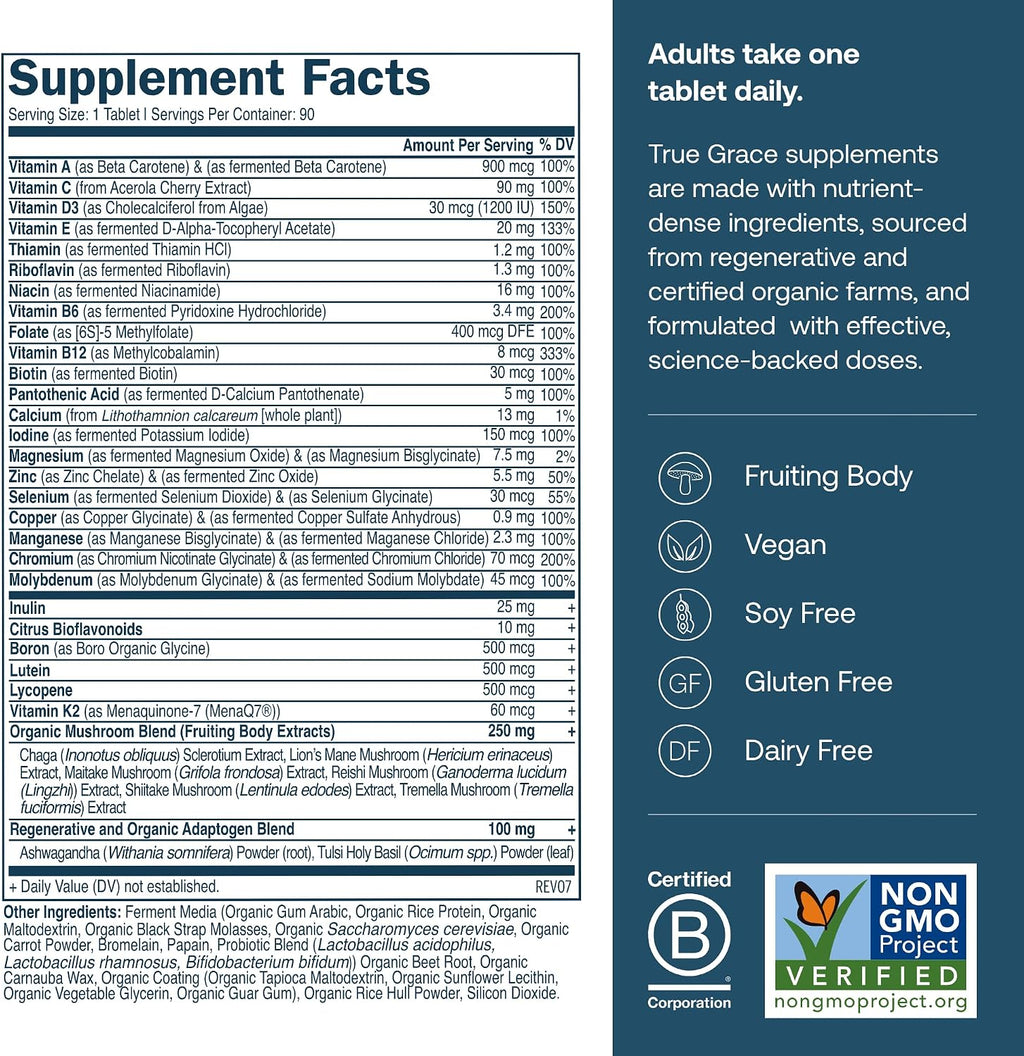 True Grace Men's 40+ One Daily Multivitamin – Minerales Fermentados, Adaptógenos Orgánicos y Hongos – 90 Tabletas Veganas