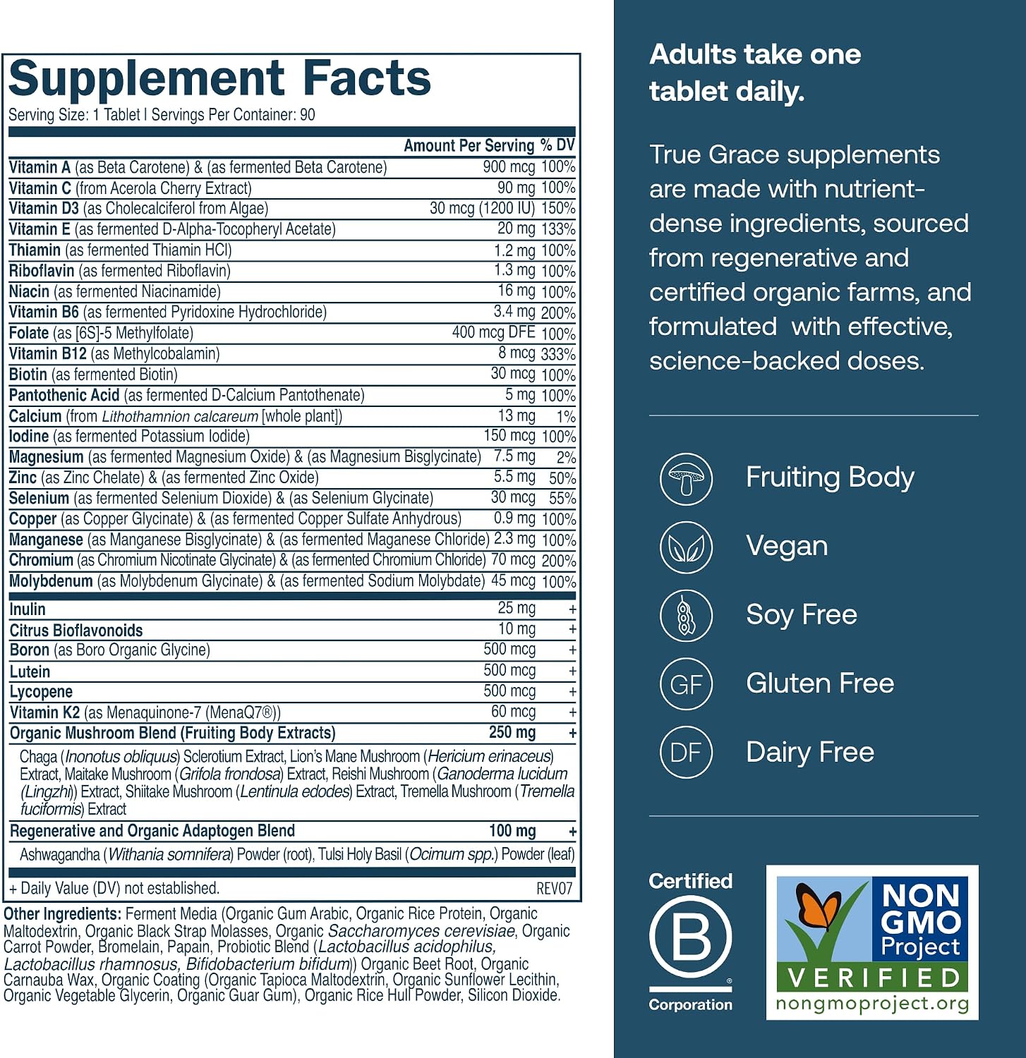 True Grace Men's 40+ One Daily Multivitamin – Minerales Fermentados, Adaptógenos Orgánicos y Hongos – 90 Tabletas Veganas