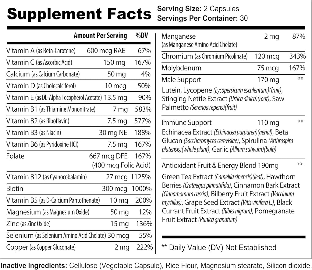 Bradeson Naturals Multivitamínico para Hombres con Vitaminas A, C, D, E, B12, Zinc, Calcio y Magnesio - 60 Cápsulas Veganas