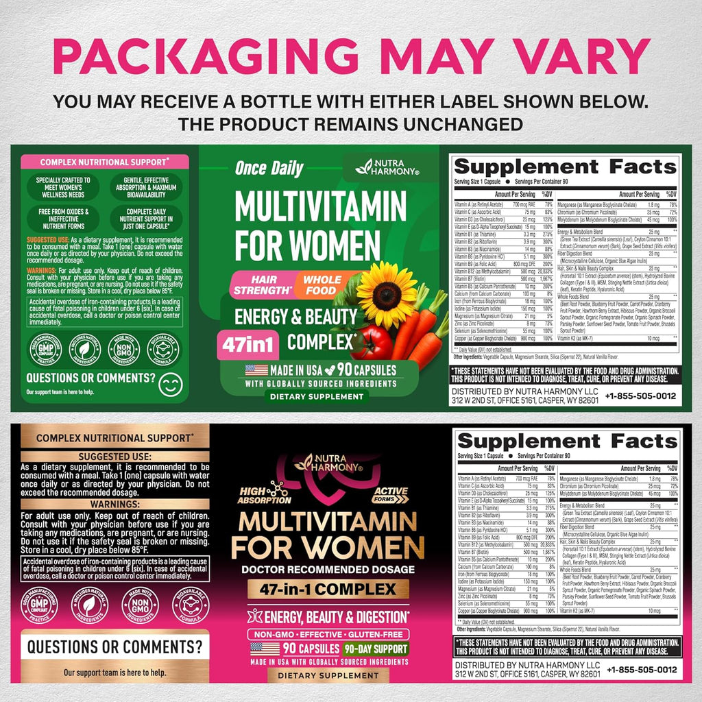 NUTRAHARMONY Multivitamínico para Mujeres 47 en 1 con Complejo B, Hierro y Alimentos Integrales - 90 Cápsulas (3 Meses)
