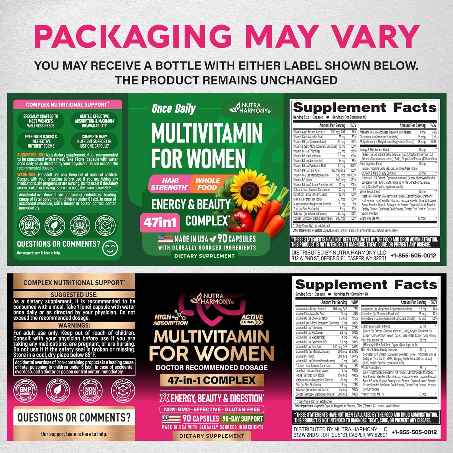 NUTRAHARMONY Multivitamínico para Mujeres 47 en 1 con Complejo B, Hierro y Alimentos Integrales - 90 Cápsulas (3 Meses)