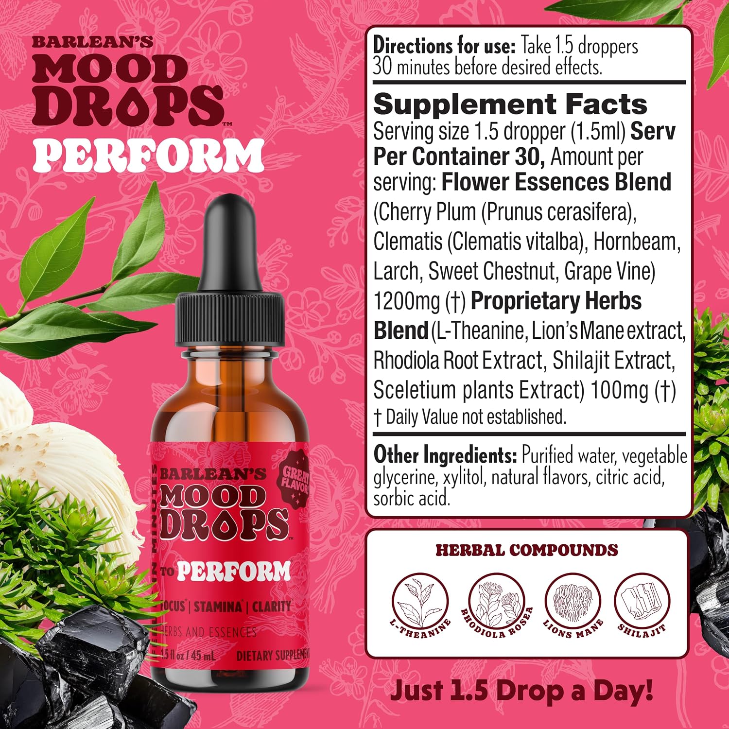 Barlean's Mood Booster Supplement, L-Theanine y Shilajit, Gotas Líquidas para Hombres y Mujeres, 1.5 oz