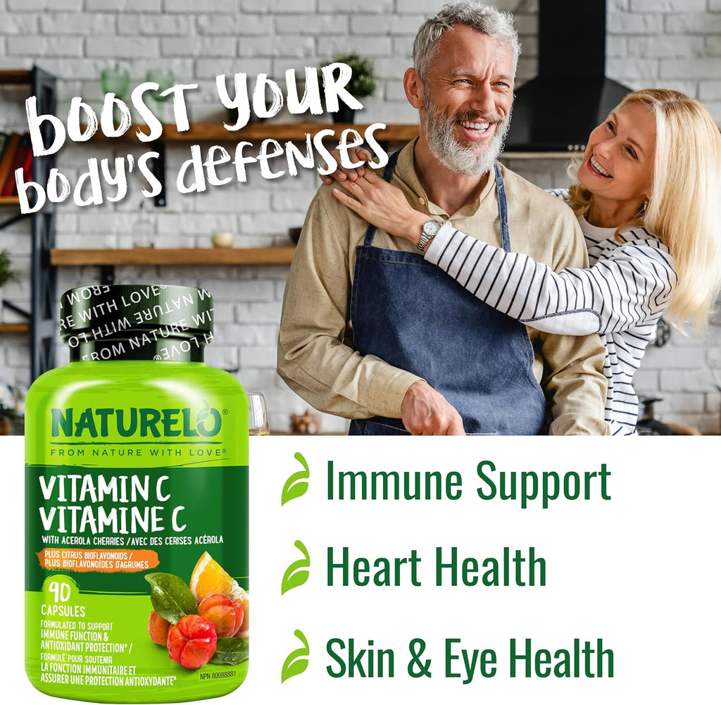 NATURELO Vitamin C with Organic Acerola Extract and Citrus Bioflavonoids - Vegan Supplement - 500 mg per Capsule - 90 Capsules