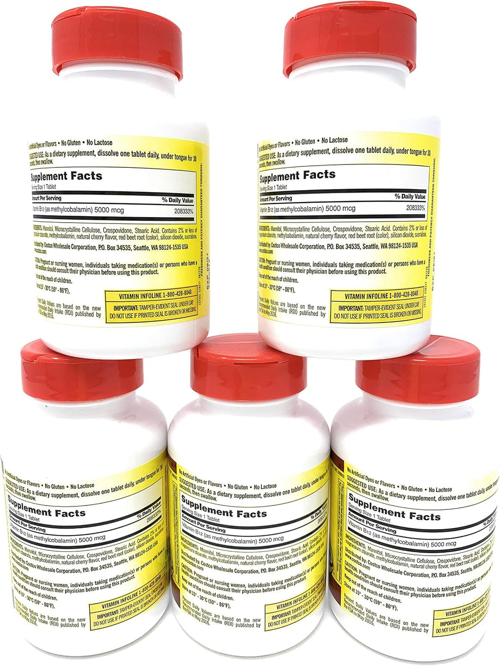 Kirkland Signature B12 Sublingual 5000 mcg, 5 Frascos (300 Comprimidos)