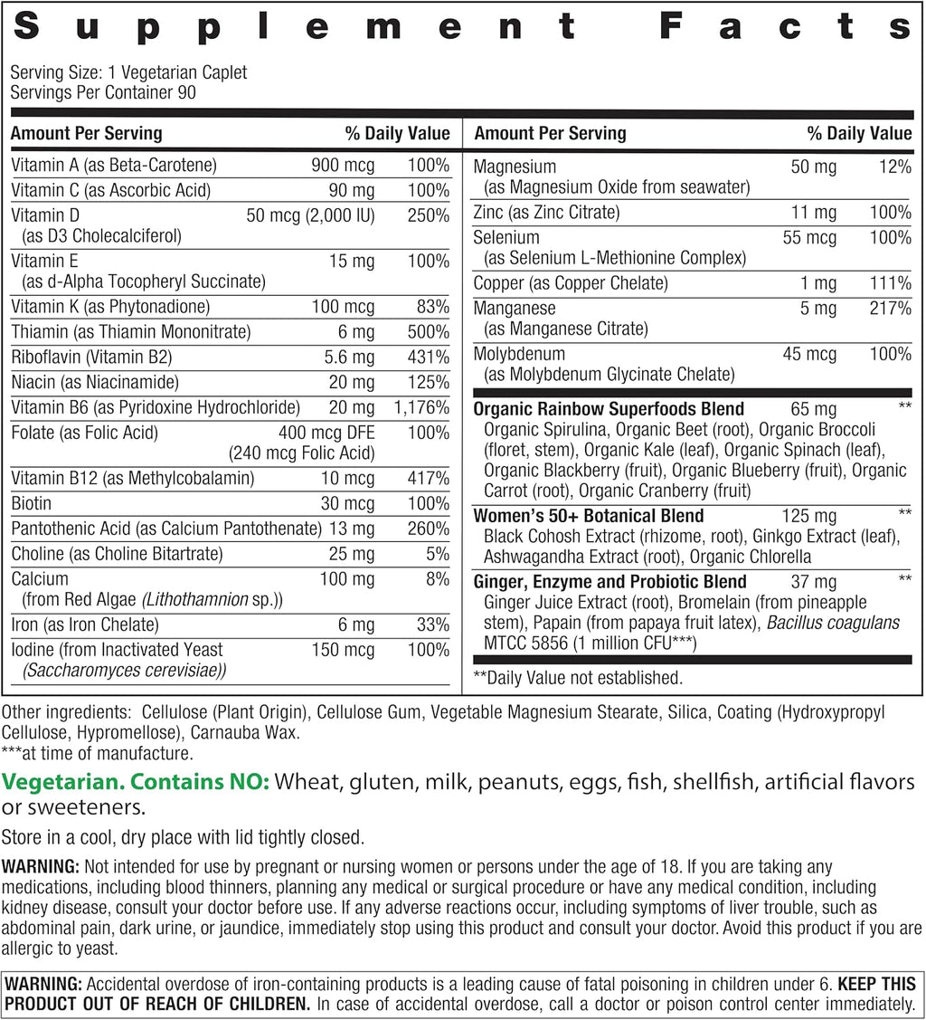 Rainbow Light Women's One+ Multivitamin 50 Plus | 90 Comprimidos | Apoya la Menopausia | Nutrientes de Alimentos Reales, Enzimas Digestivas y Probióticos