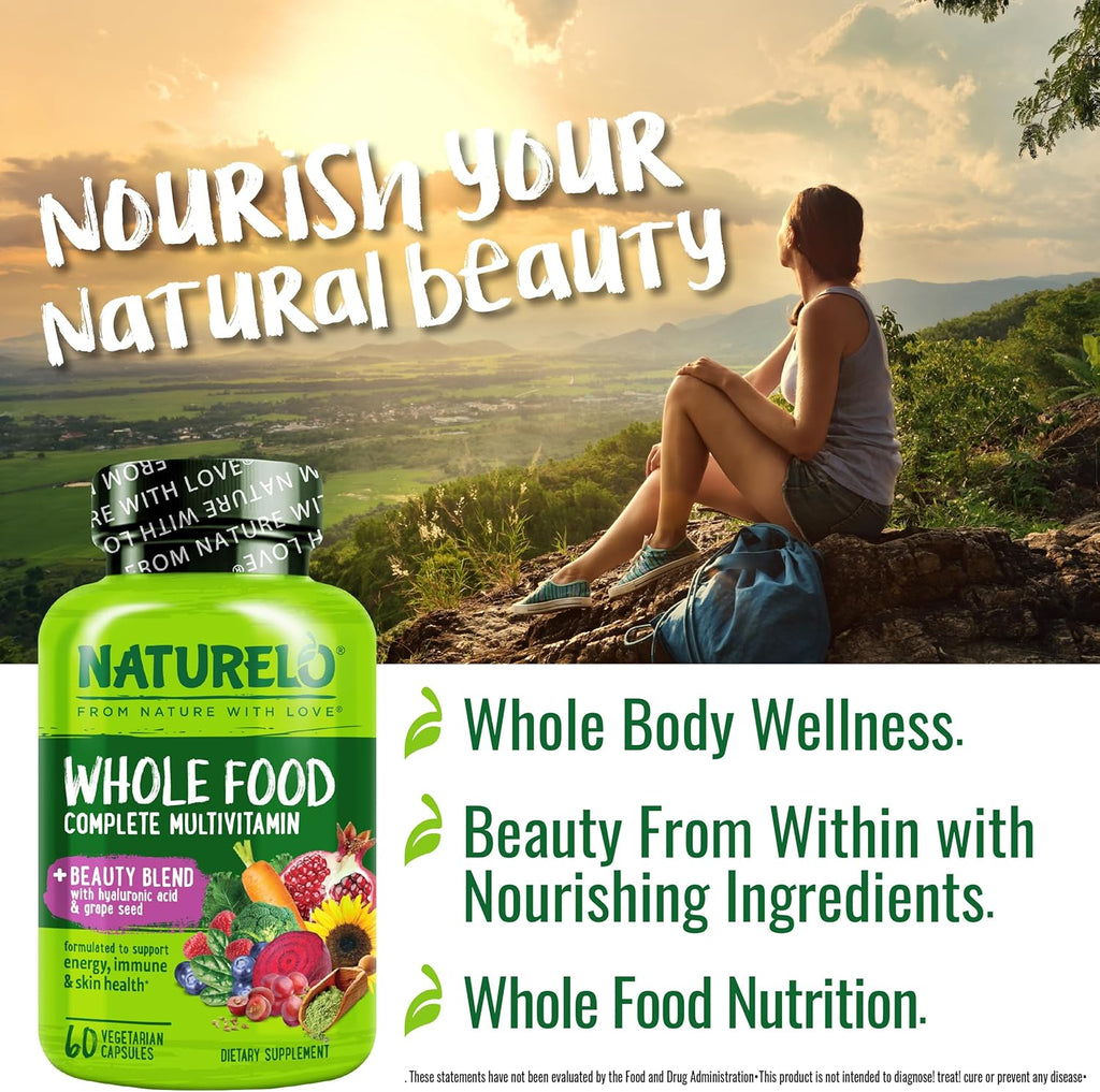 NATURELO Multivitamínico Integral con Apoyo Extra para Cabello, Piel y Uñas - Mezcla de Belleza con Ácido Hialurónico y Semilla de Uva - Biotina de Alta Potencia, Vitamina C y Glutatión - 60 Cápsulas Veganas