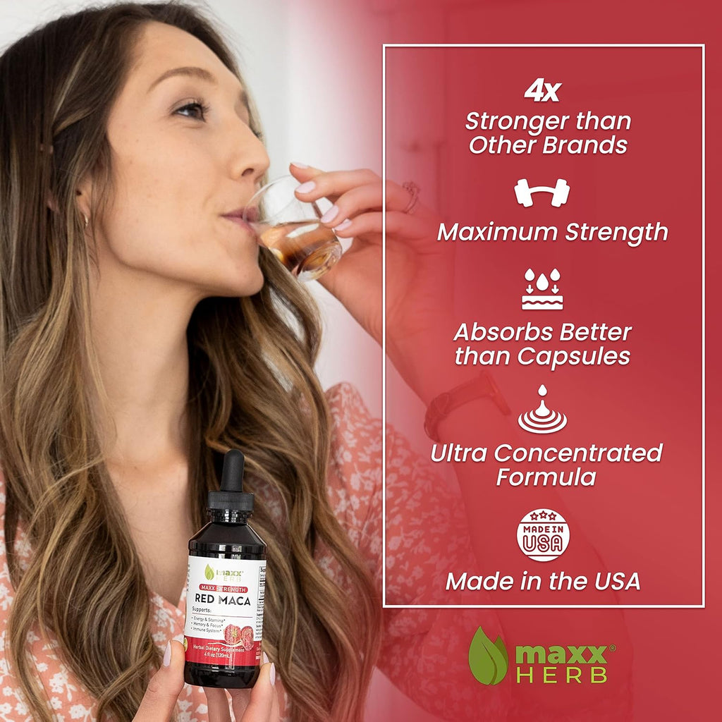 Extracto de Raíz de Maca Roja - Gotas Líquidas Concentradas, Sin Alcohol, 4 Botellas de 118 ml