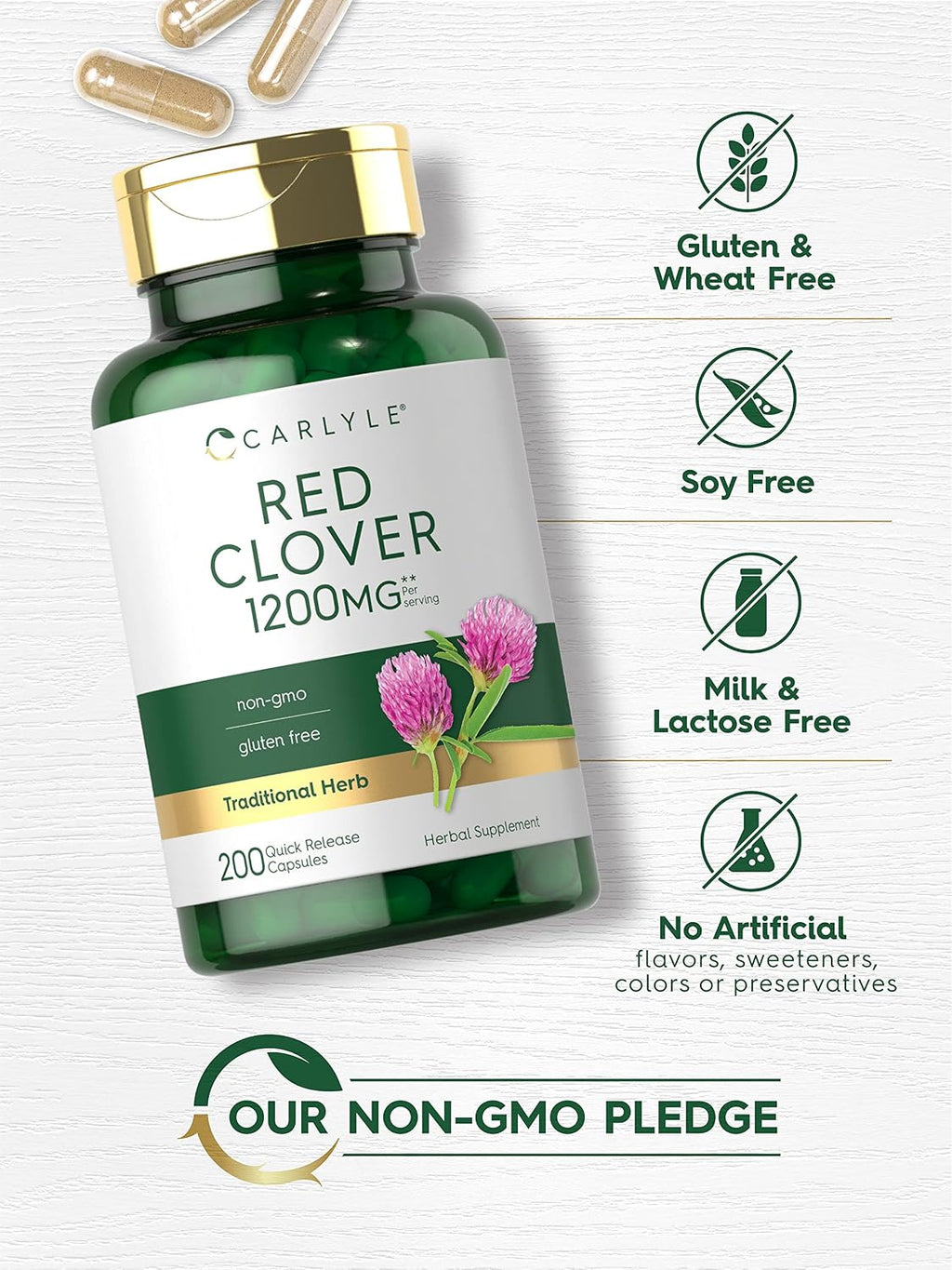 Carlyle Trébol Rojo Cápsulas | 200 Cápsulas | Extracto de Flor de Trifolium Pratense | No OGM, Sin Gluten