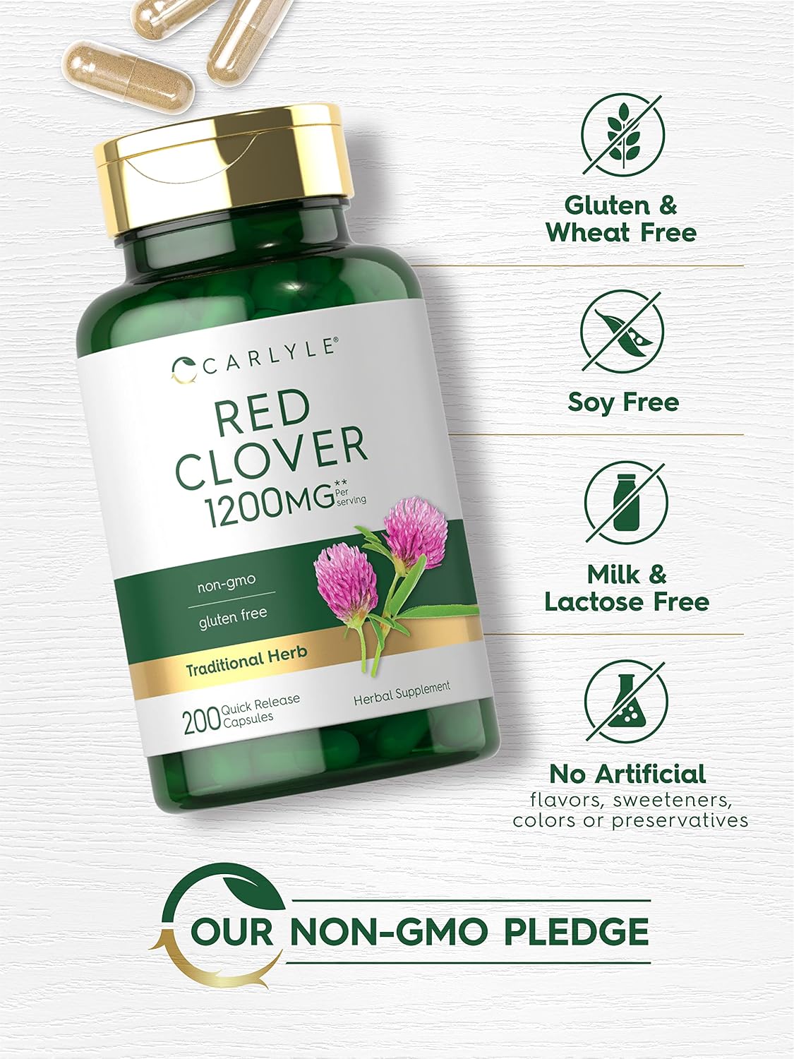 Carlyle Trébol Rojo Cápsulas | 200 Cápsulas | Extracto de Flor de Trifolium Pratense | No OGM, Sin Gluten