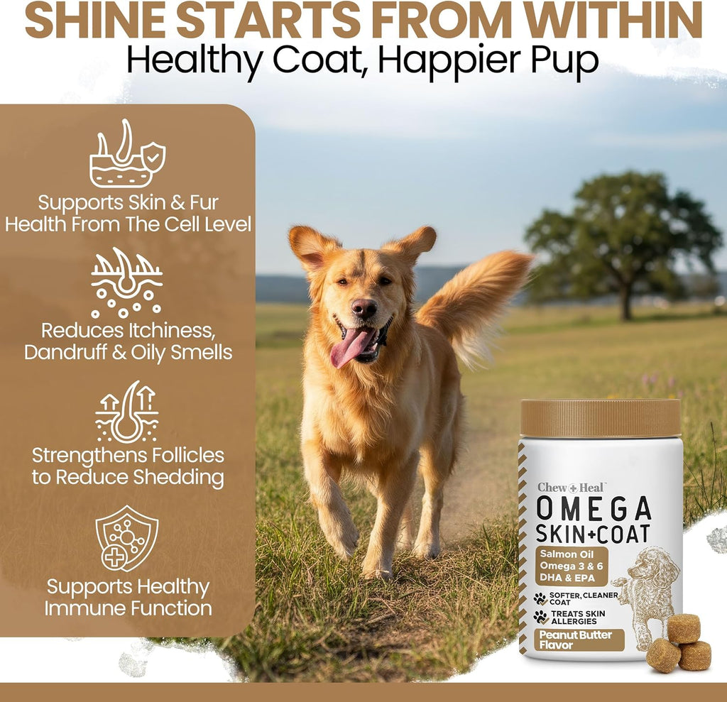 Omega 3 para Perros, 180 Masticables Blandos - Aceite de Salmón y Pescado para Piel y Pelaje, Alivio de Alergias y Picazón - EPA DHA - Sabor a Mantequilla de Cacahuete - Hecho en EE.UU.