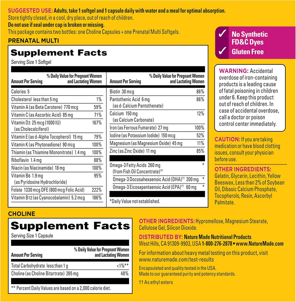 Nature Made Prenatal Vitamin Softgels + Choline Capsules, 60+60 Cápsulas