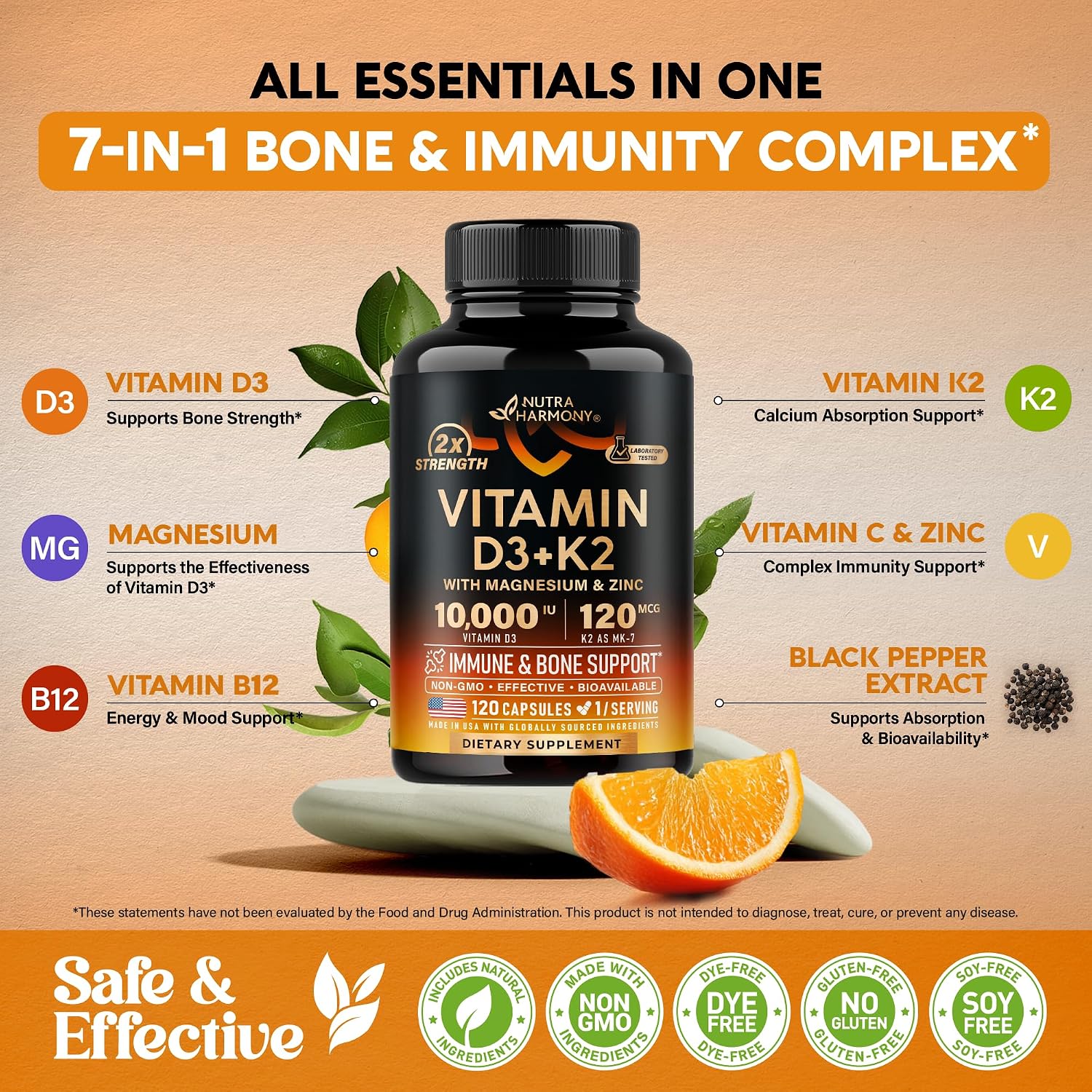 NUTRAHARMONY Vitamina D3 10000 UI y K2 MK-7 120 mcg con Magnesio, Zinc, Vitamina C y B12 - 120 Cápsulas