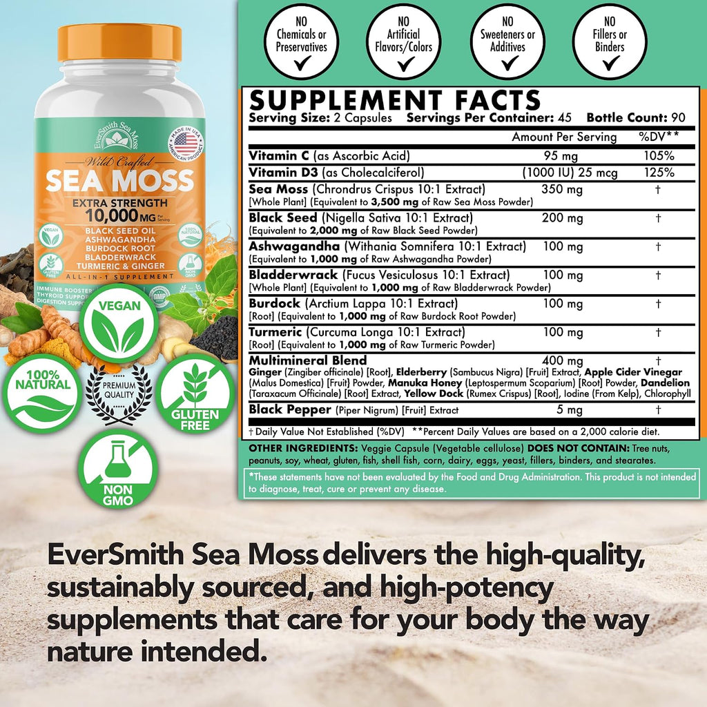 EverSmith Organics Irish Sea Moss 3,500mg, Black Seed Oil 2,000mg, Bladderwrack 1,000mg, Burdock Root - 90 Cápsulas