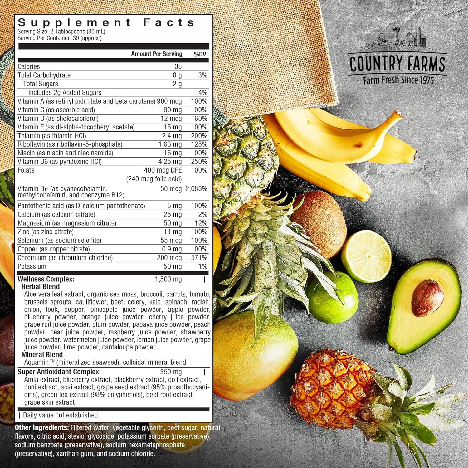 Country Farms Multivitamínico Líquido, Vitaminas y Minerales para Apoyo Inmunitario y Energía, Mezcla de Hierbas, Vegano, Sin Gluten, Sabor Fruta Tropical, 946 ml
