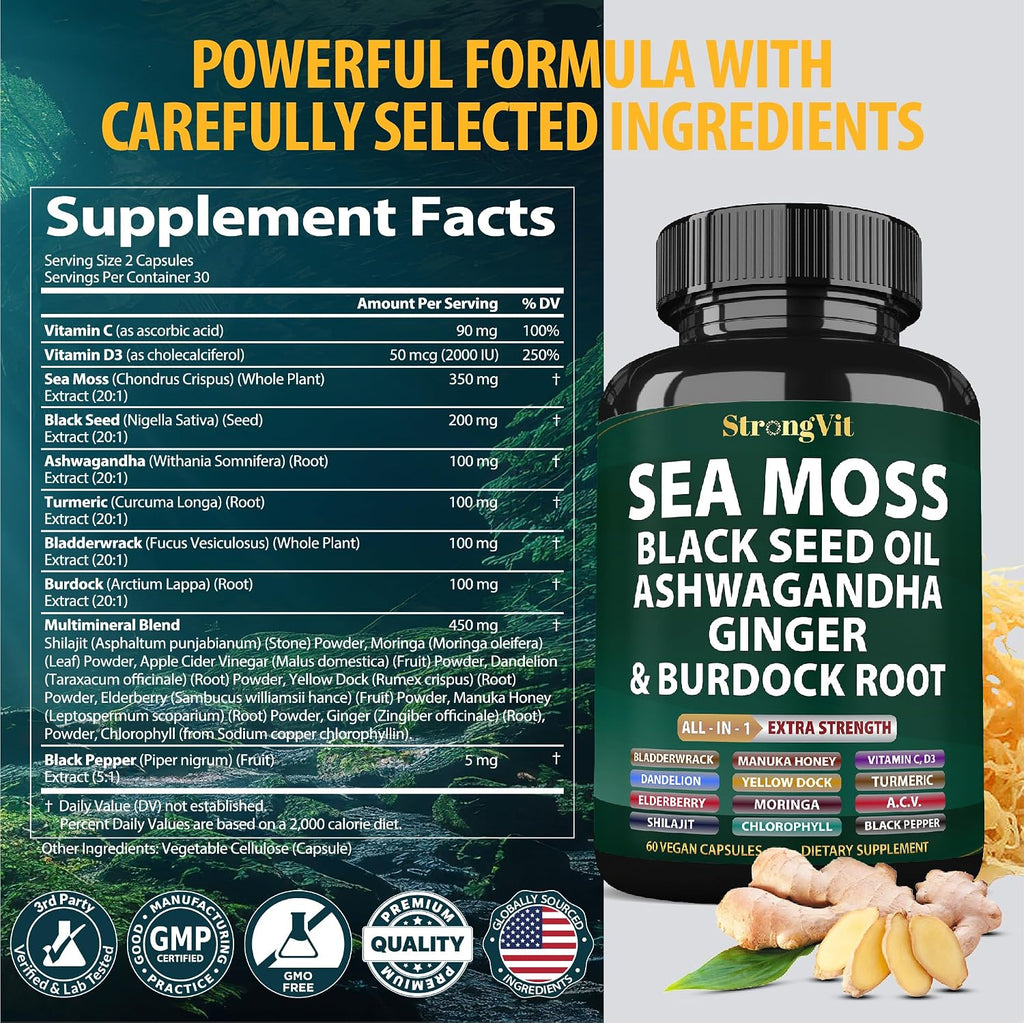 StrongVit Cápsulas de Sea Moss Orgánico con Aceite de Semilla Negra, Ashwagandha y Jengibre, Raíz de Bardana y Vejiga de Mar, Suplemento Multimineral Avanzado