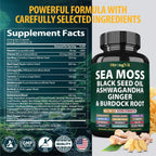 StrongVit Cápsulas de Sea Moss Orgánico con Aceite de Semilla Negra, Ashwagandha y Jengibre, Raíz de Bardana y Vejiga de Mar, Suplemento Multimineral Avanzado