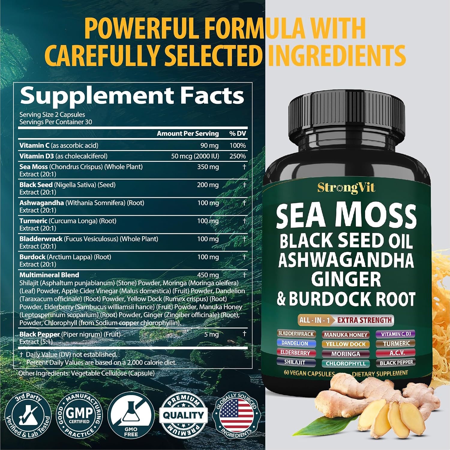 StrongVit Cápsulas de Sea Moss Orgánico con Aceite de Semilla Negra, Ashwagandha y Jengibre, Raíz de Bardana y Vejiga de Mar, Suplemento Multimineral Avanzado