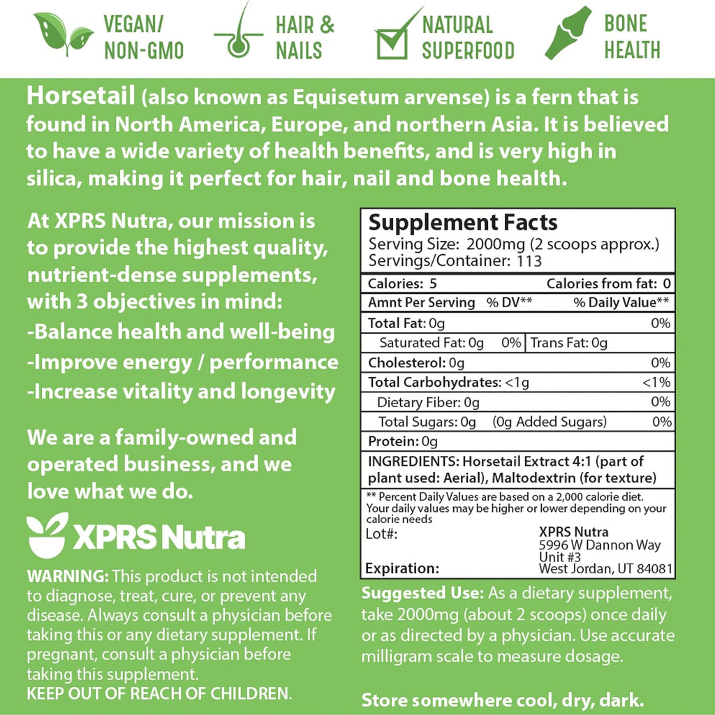 XPRS Nutra Extracto de Cola de Caballo en Polvo para Cabello, Uñas y Huesos - Alto Contenido de Sílice - Vegano (227 g)
