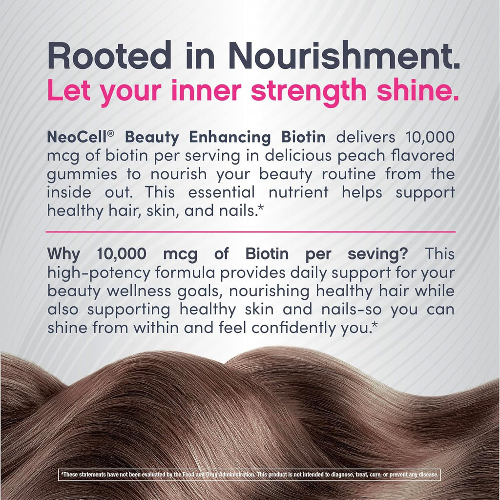 NeoCell Biotina 10000 mcg Gominolas para Cabello, Piel y Uñas, Sabor Melocotón (72 unidades)