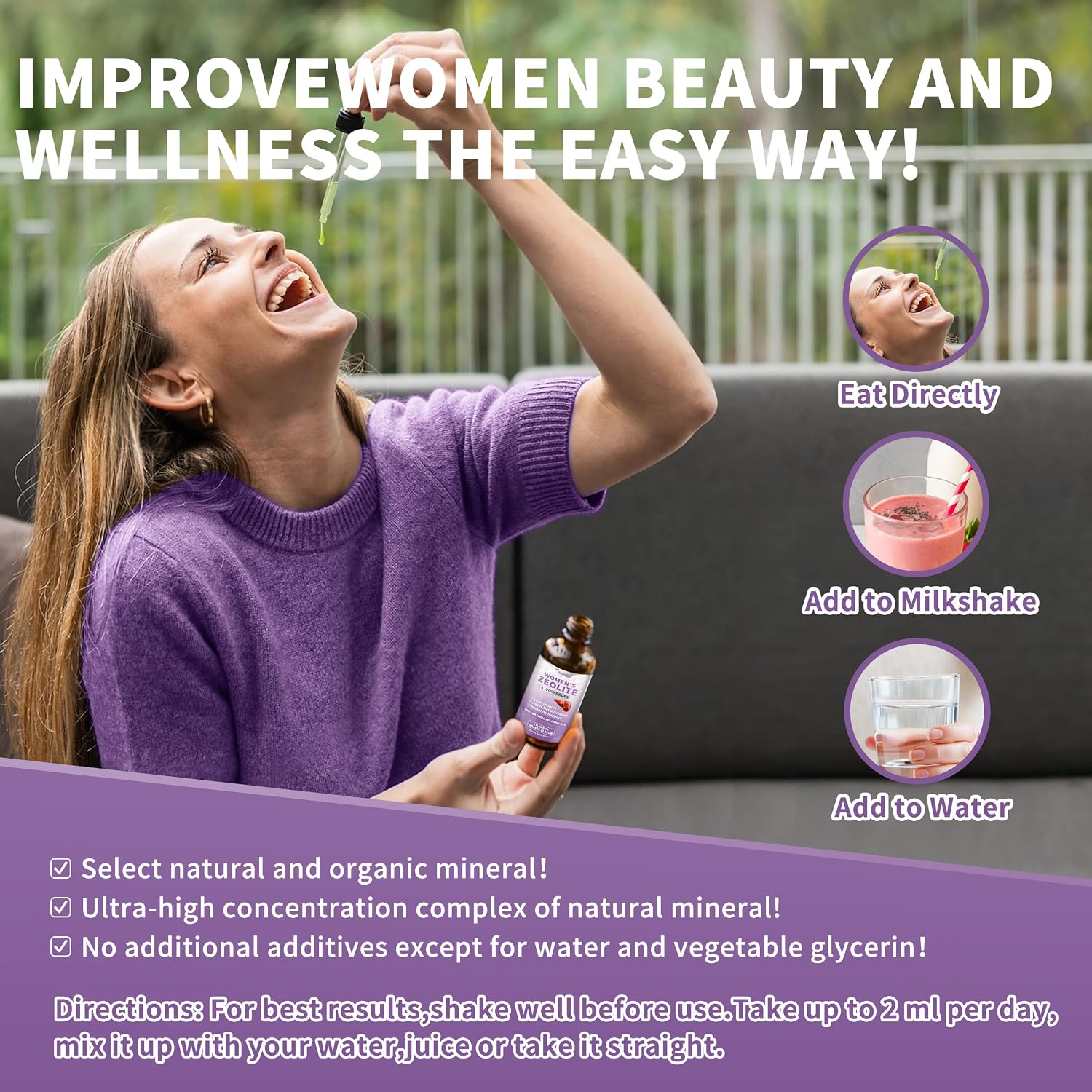 Gotas Premium de Zeolita para Mujeres - 99%+ Ceniza Volcánica Natural Pura con Vitamina B12 y D3 - 118 ml