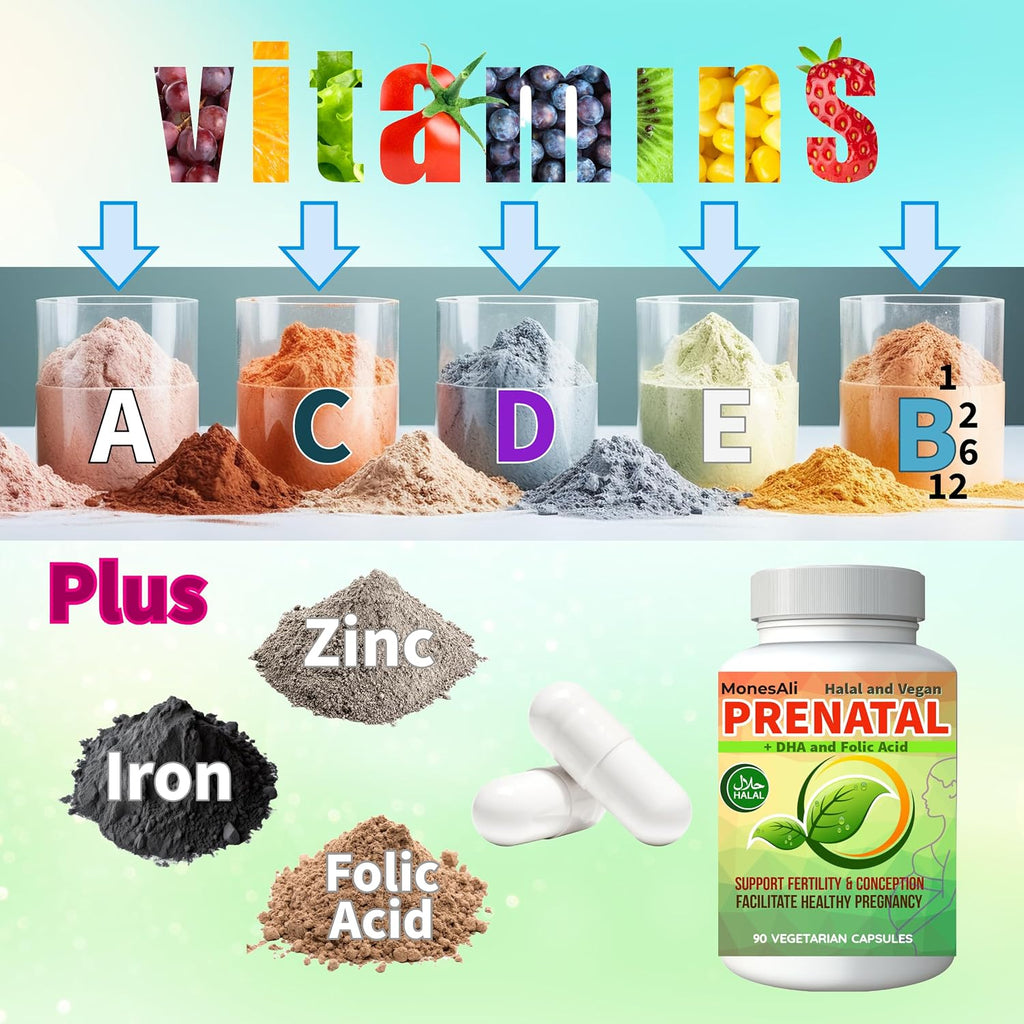 Vitaminas Prenatales para Mujeres | Postnatal | Vegano, Halal Sin Gelatina | con Folato, Hierro y Biotina | Apoyo para el Embarazo, Energía Postparto y Salud Capilar, 90 Cápsulas