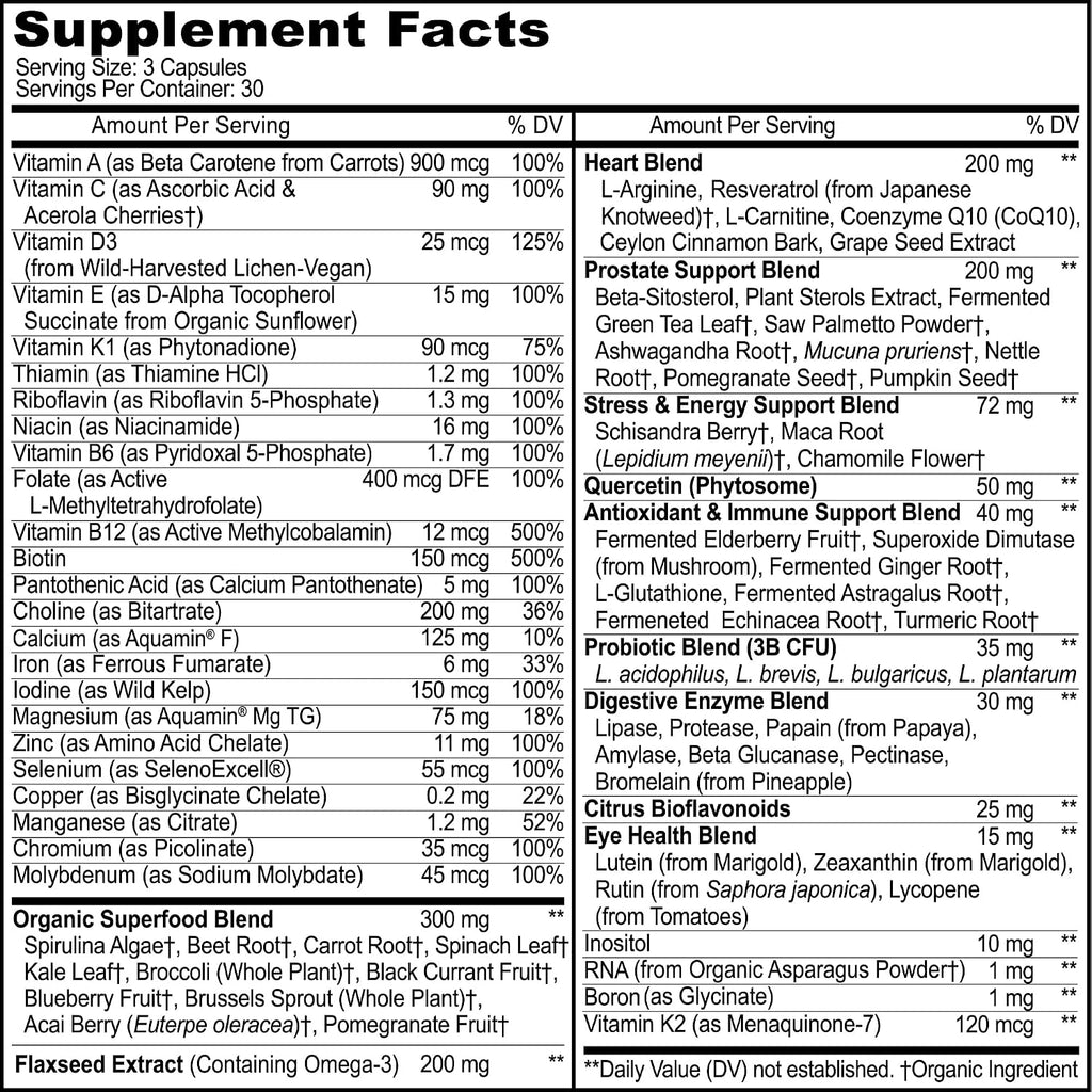 Methylated Men's Multivitamins - Multivitamínico Diario para Hombres con 44 Alimentos Orgánicos Integrales y Nutrientes Fermentados