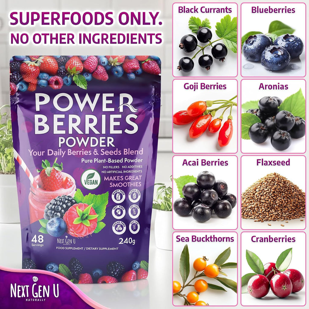 Super Berry Powder - 1 Paquete, 240g - Apoyo Inmunológico - Complemento Alimenticio - Bayas Superfood - Mezcla para Batidos - Impulso Saludable para Bebidas Detox - de NextGenU