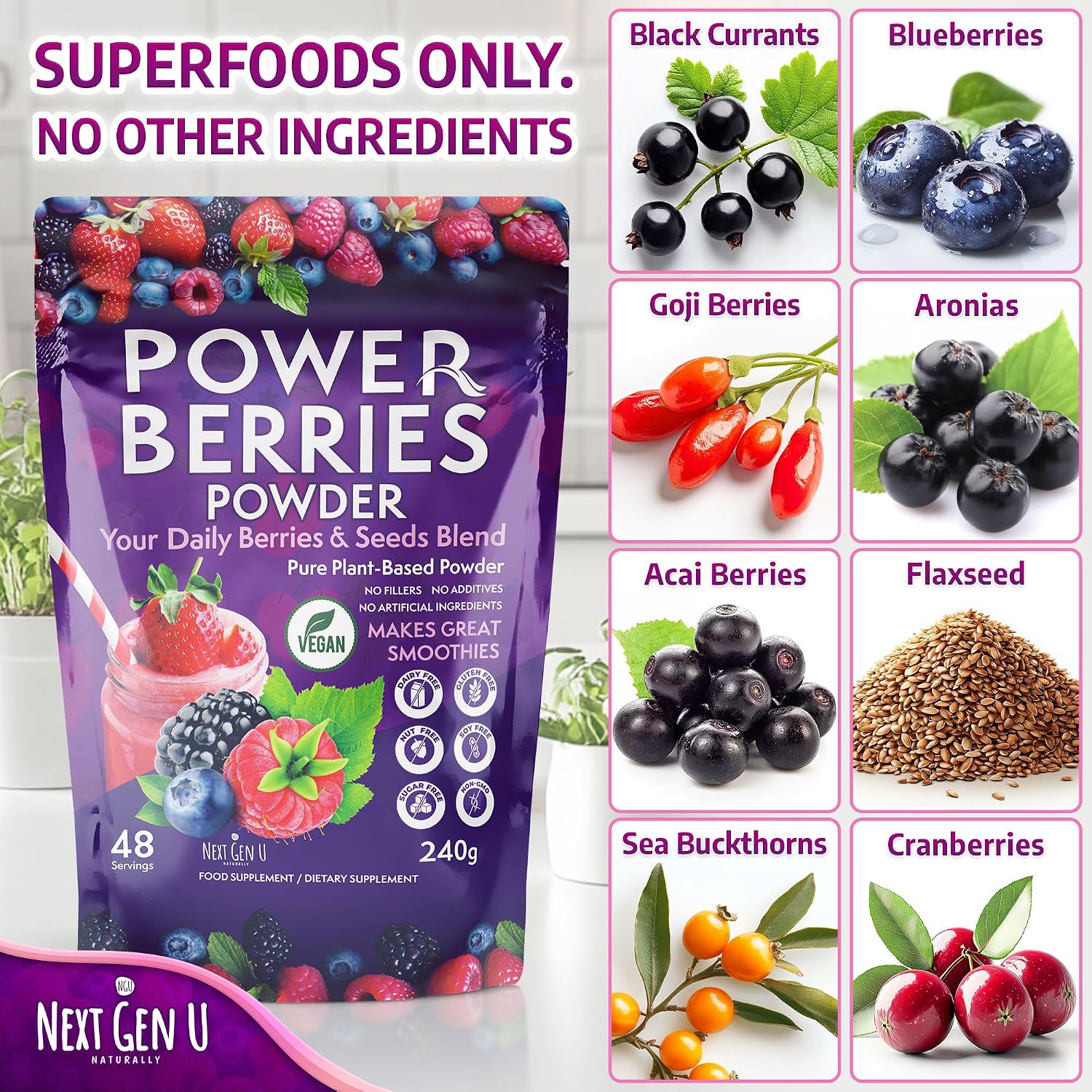 Super Berry Powder - 1 Paquete, 240g - Apoyo Inmunológico - Complemento Alimenticio - Bayas Superfood - Mezcla para Batidos - Impulso Saludable para Bebidas Detox - de NextGenU