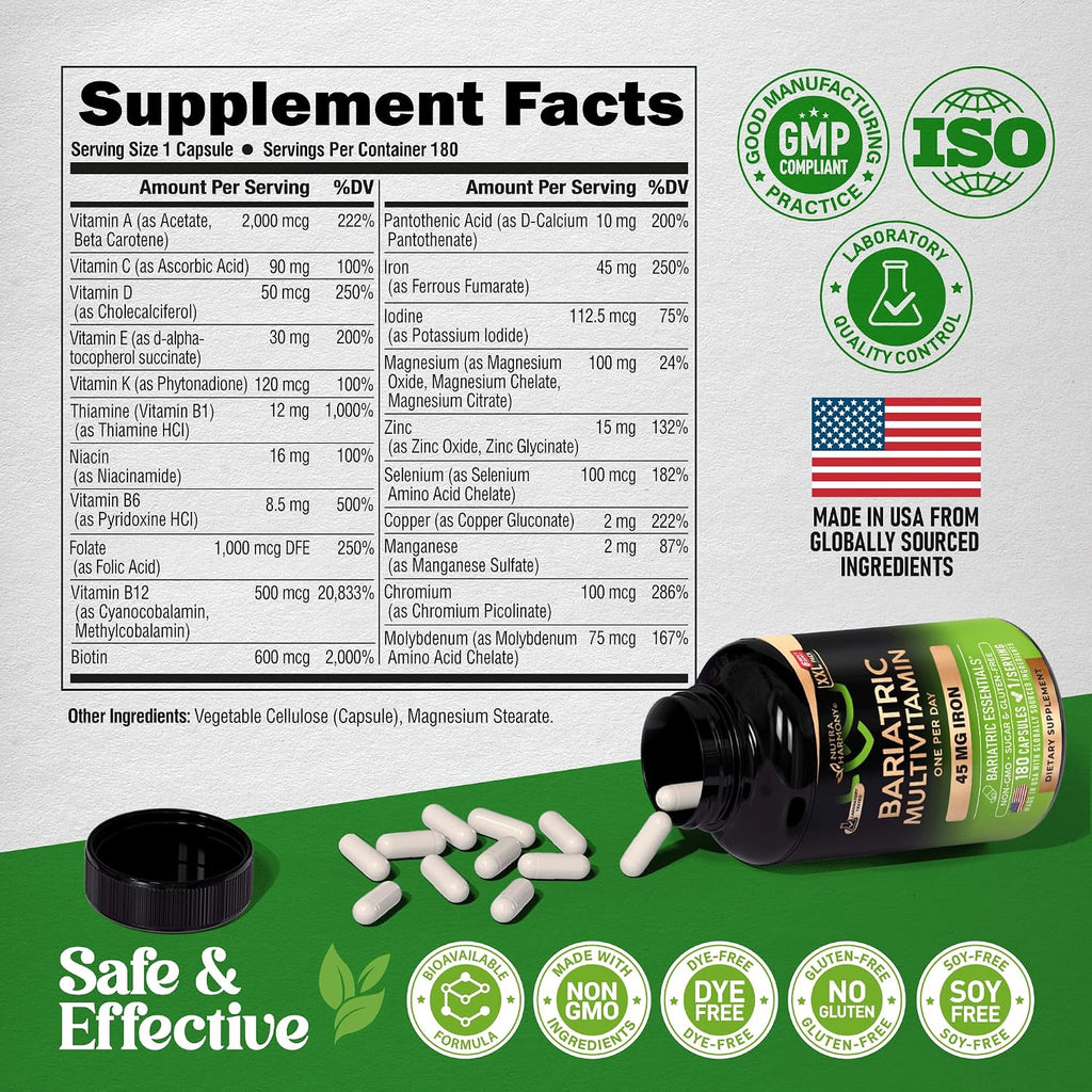 NUTRAHARMONY Multivitamínico Bariátrico con Hierro, 45 mg, 180 Cápsulas - Una Vez al Día