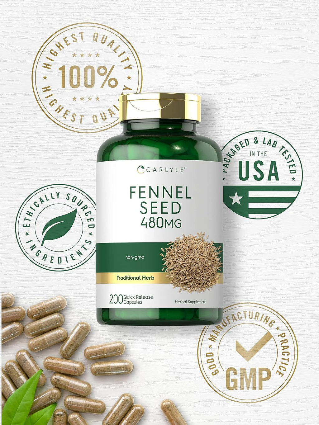 Carlyle Semilla de Hinojo 480mg – 200 Cápsulas – Suplemento Herbal No-GMO