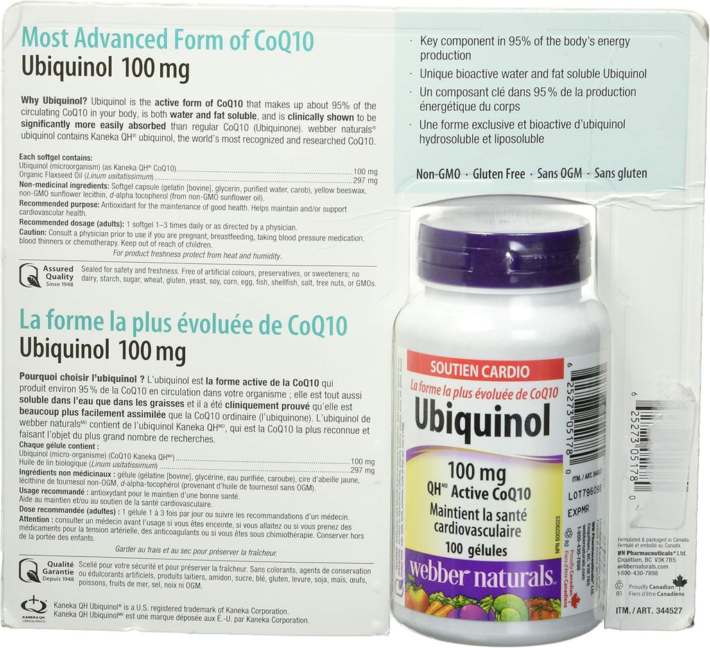 Webber Naturals Ubiquinol 100mg QH Active CoQ10, 100 softgels