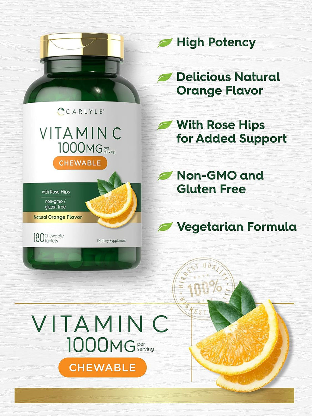 Carlyle Vitamina C Masticable | 1000 mg | 180 Comprimidos | Vegetariano, Sin Gluten, No-GMO