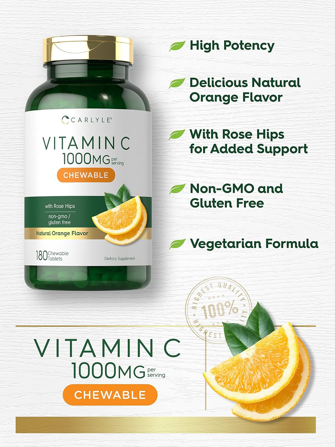 Carlyle Vitamina C Masticable | 1000 mg | 180 Comprimidos | Vegetariano, Sin Gluten, No-GMO