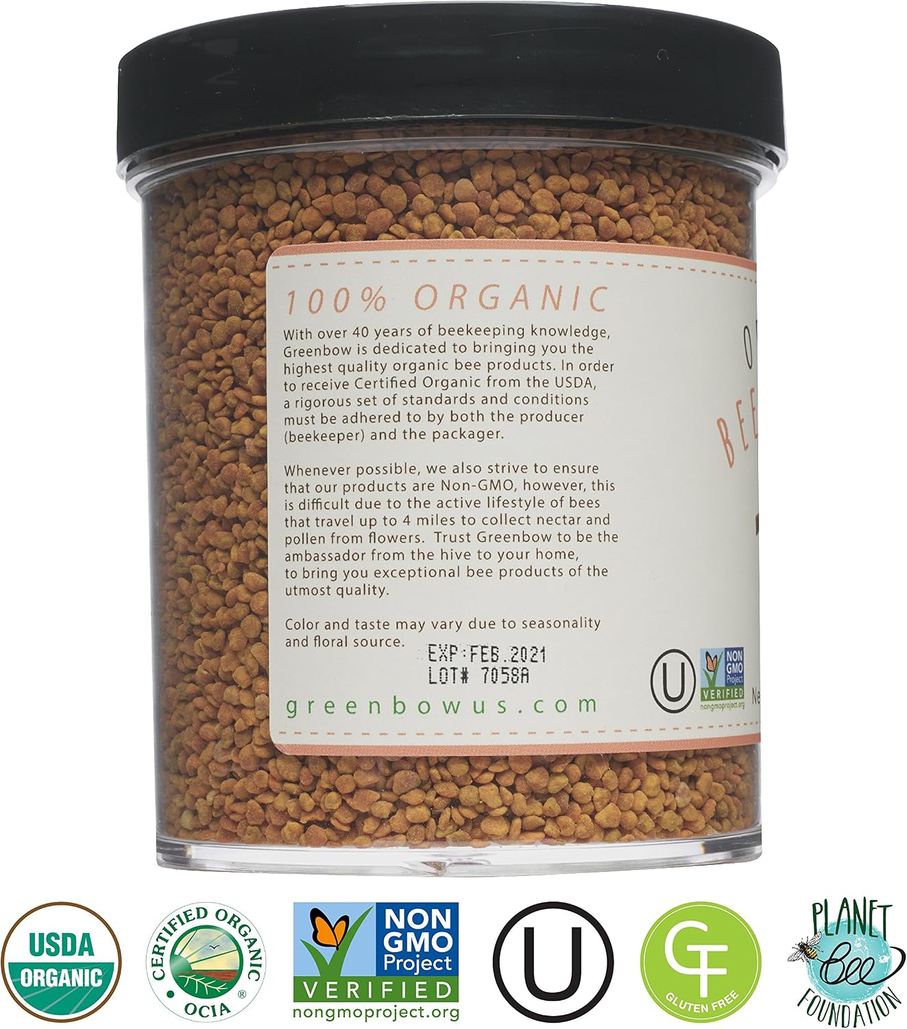 Greenbow Organic Bee Pollen - 100% USDA Certified Organic, Non-GMO, Kosher, Halal - Superfood with Protein, Vitamins & Minerals - 311g