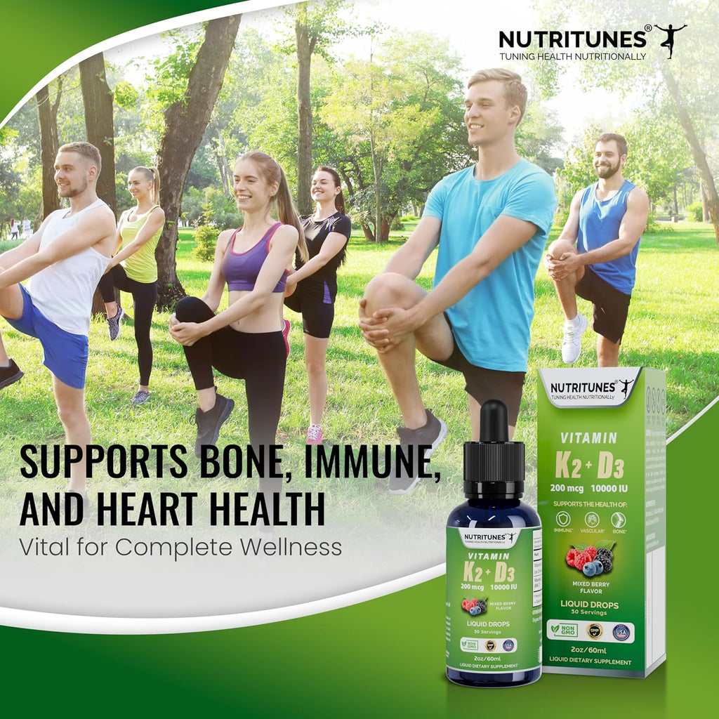 Nutritunes K2 D3 Liquid Drops – Vitamina D3 10.000 UI y K2 200 mcg – Complemento de Alta Potencia – Sabor a Bayas Mixtas – 30 Servicios (60 ml)