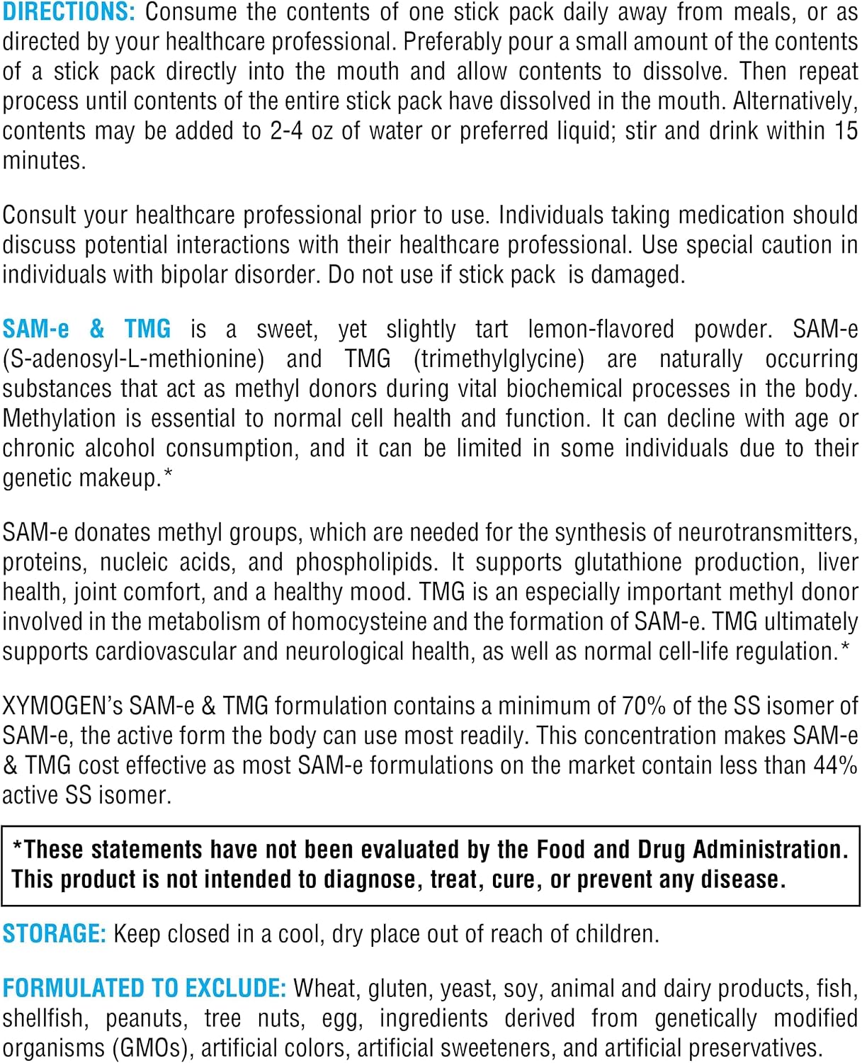 XYMOGEN SAM-e y TMG - 400 mg SAM-e y 600 mg TMG - Apoyo a la metilación - 30 dosis