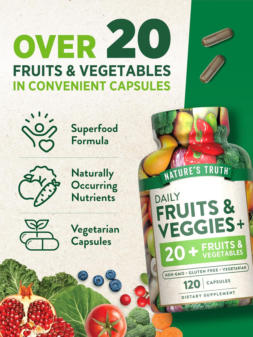 Nature's Truth Suplemento de Frutas y Verduras | 120 Cápsulas Vegetarianas | Más de 20 Frutas y Verduras | Vegetariano, No GMO y Sin Gluten