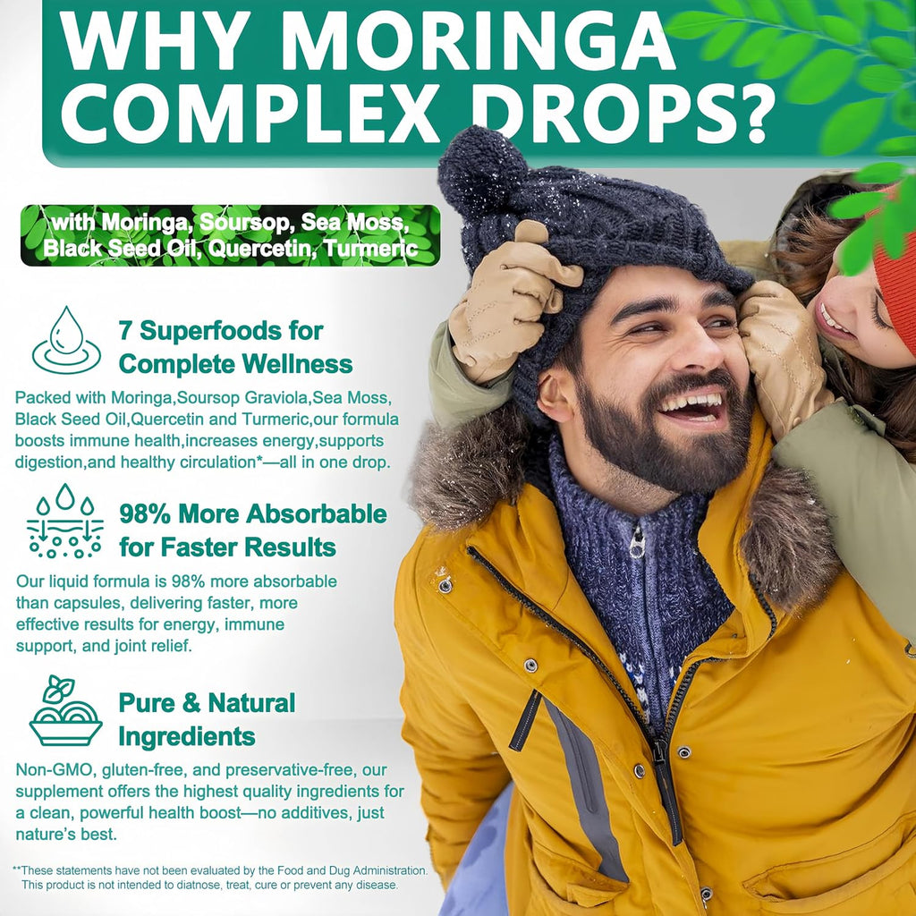 Moringa Drops – Extracto Líquido Puro de Moringa Oleifera con Soursop, Sea Moss, Aceite de Semilla Negra, Quercetina y Cúrcuma | Suplemento Superfood Multimineral y Vitaminas