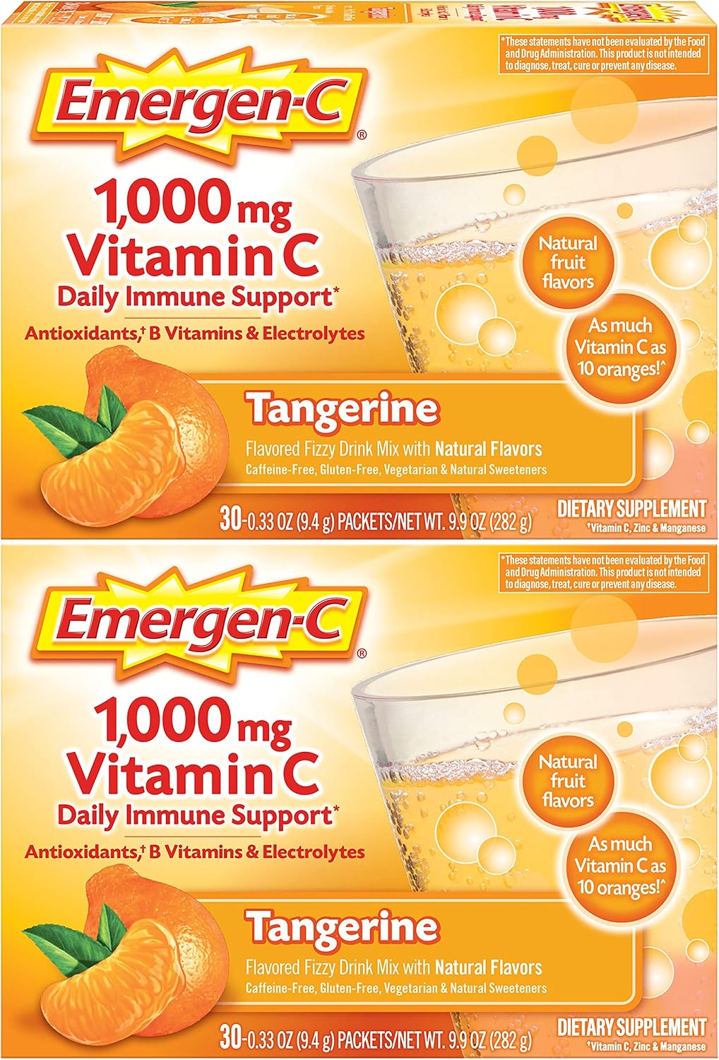 Emergen-C 1000mg Vitamina C en Polvo con Antioxidantes y Vitaminas B, Sabor Mandarina - 60 Sobres