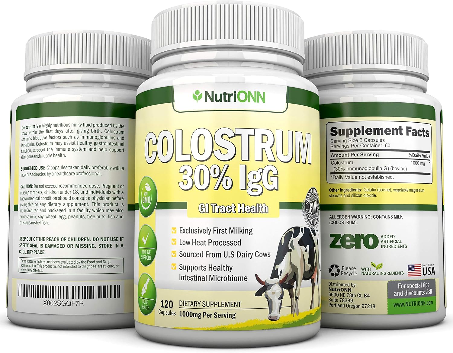 NutriONN Calostro - 1000mg - 120 Cápsulas - 30% IgG - Lácteo no OGM de EE.UU. - Primer Ordeño - Procesado a Baja Temperatura - Salud GI - Apoyo Inmune - Salud Ósea y Muscular