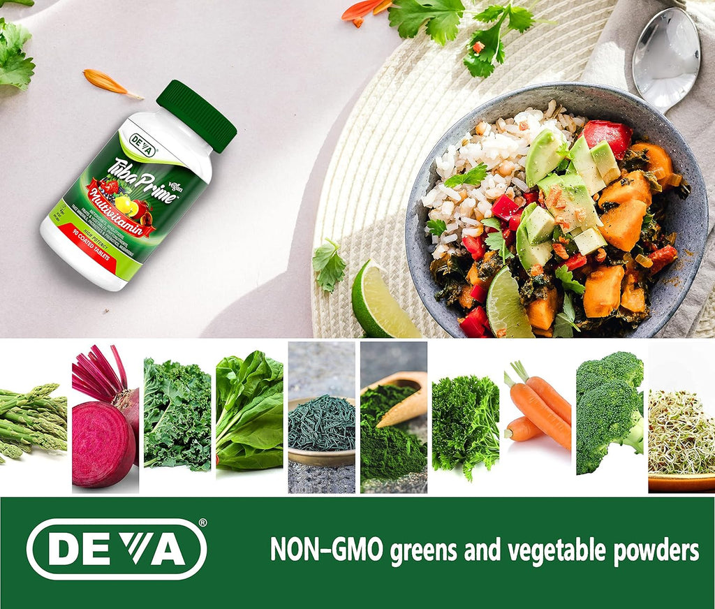 DEVA Tuba Prime Multivitamínico Vegano Sin Hierro - Alta Potencia con Superalimentos, Hongos y Probióticos - 90 Comprimidos