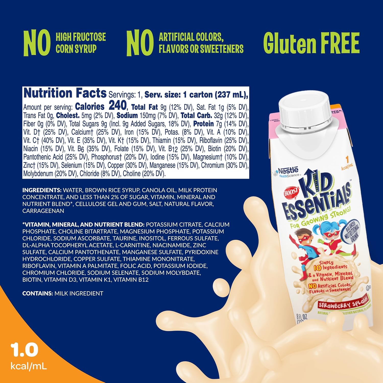 BOOST Kid Essentials 1.0kcal Bebida Nutricional Equilibrada para Niños, Sabor Fresa, 8 fl oz (Pack de 24)