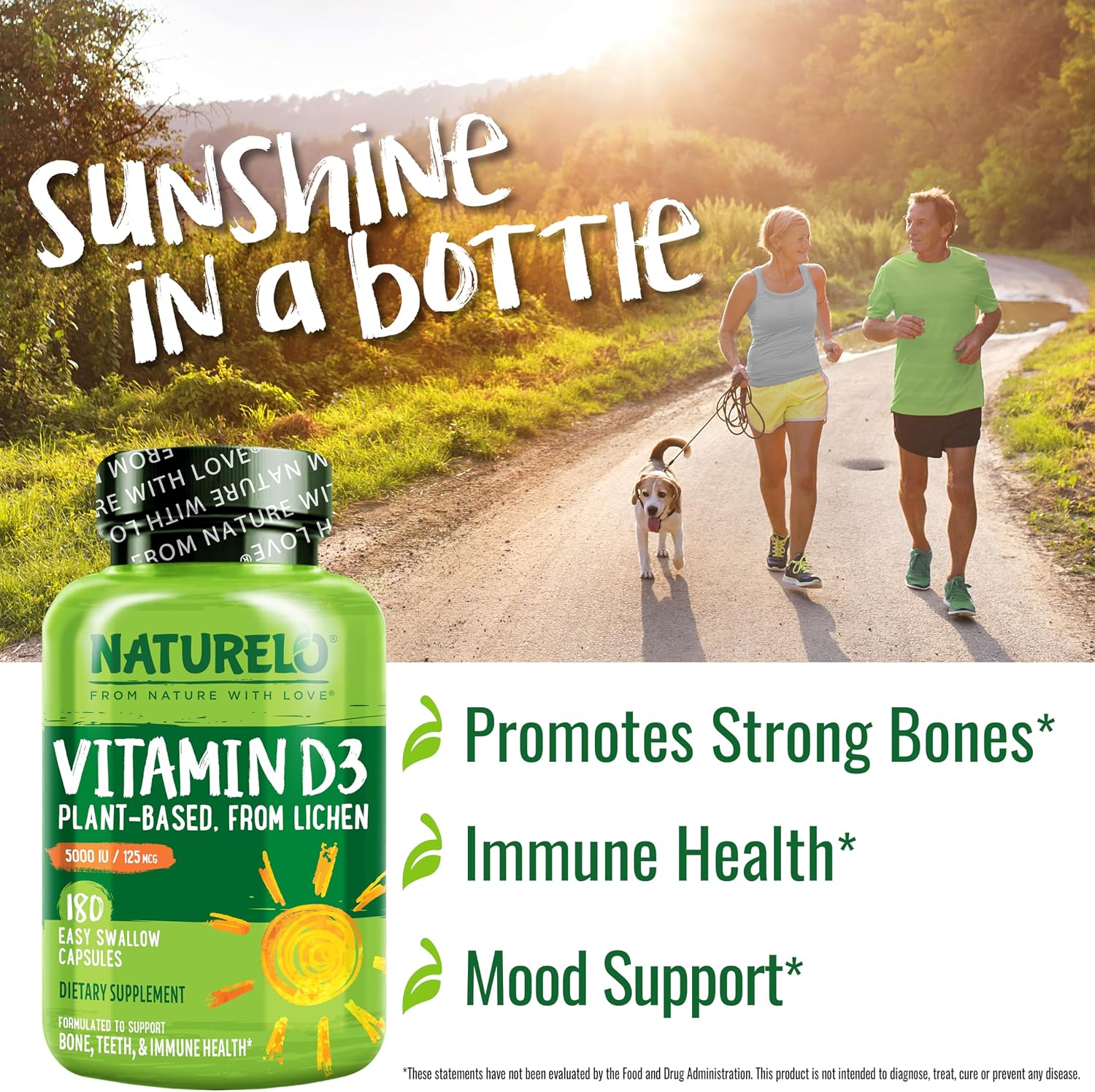 NATURELO Vitamina D3 5000 UI - Vegana a base de Liquen - 180 Cápsulas