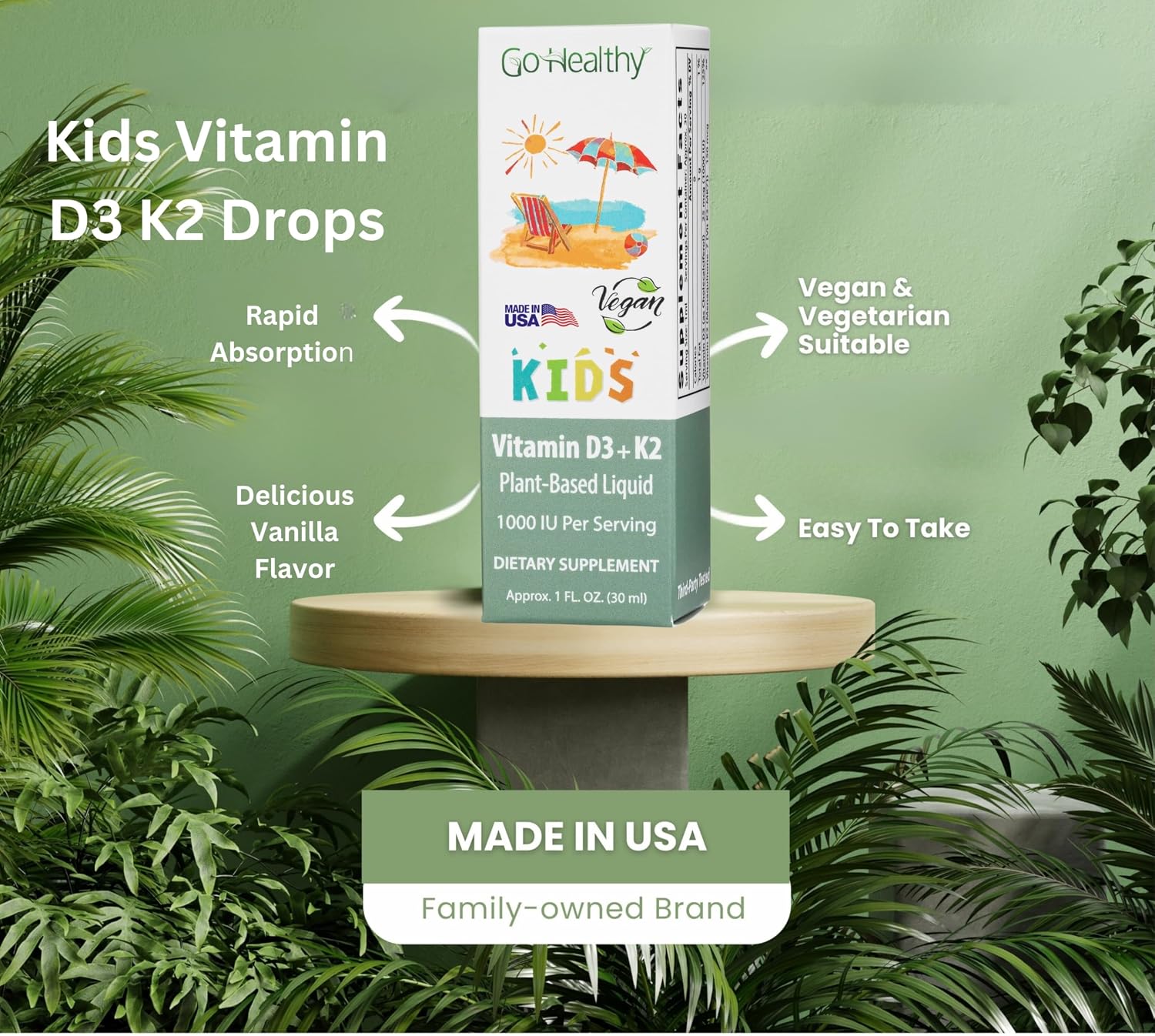 Go Healthy Kids Vitamin D3 K2 (MK-7) Gotas Líquidas Veganas para Niños - Sabor Vainilla - 30 Dosis