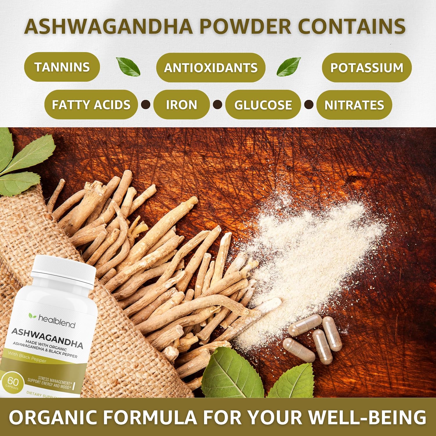 Organic Ashwagandha 1300mg con extracto de pimienta negra - Suplemento para el estado de ánimo y energía - 60 cápsulas