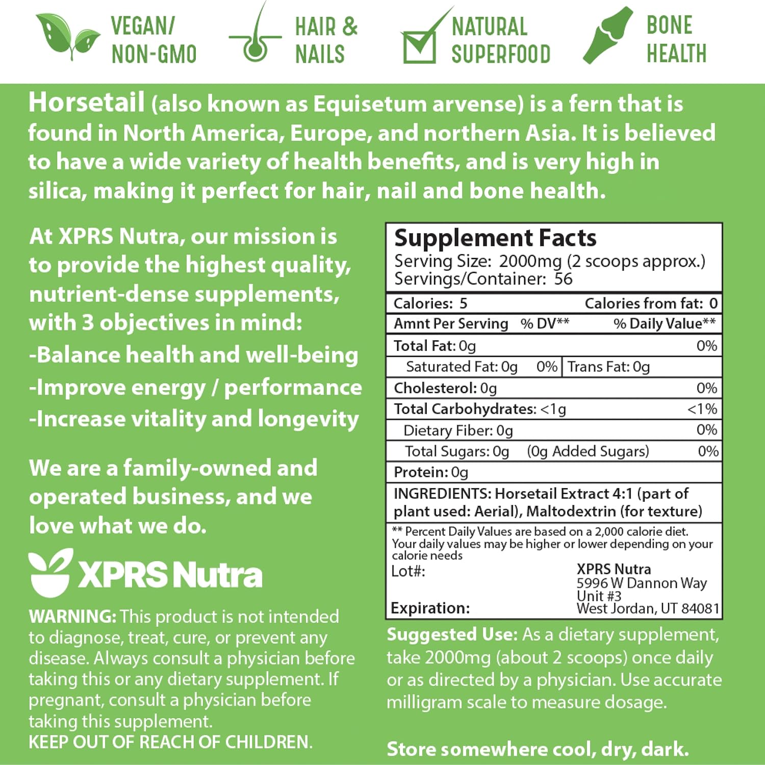 XPRS Nutra Extracto de Cola de Caballo en Polvo - Alto Contenido en Silicio - 113 g (4 oz)