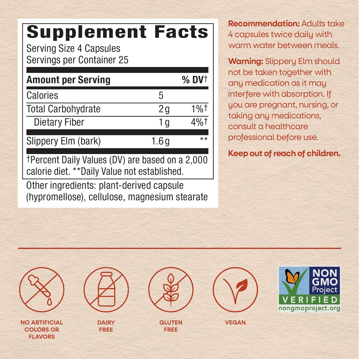 Nature's Way Slippery Elm Capsules, 1600 mg per Dose (4 capsules), 100 Capsules