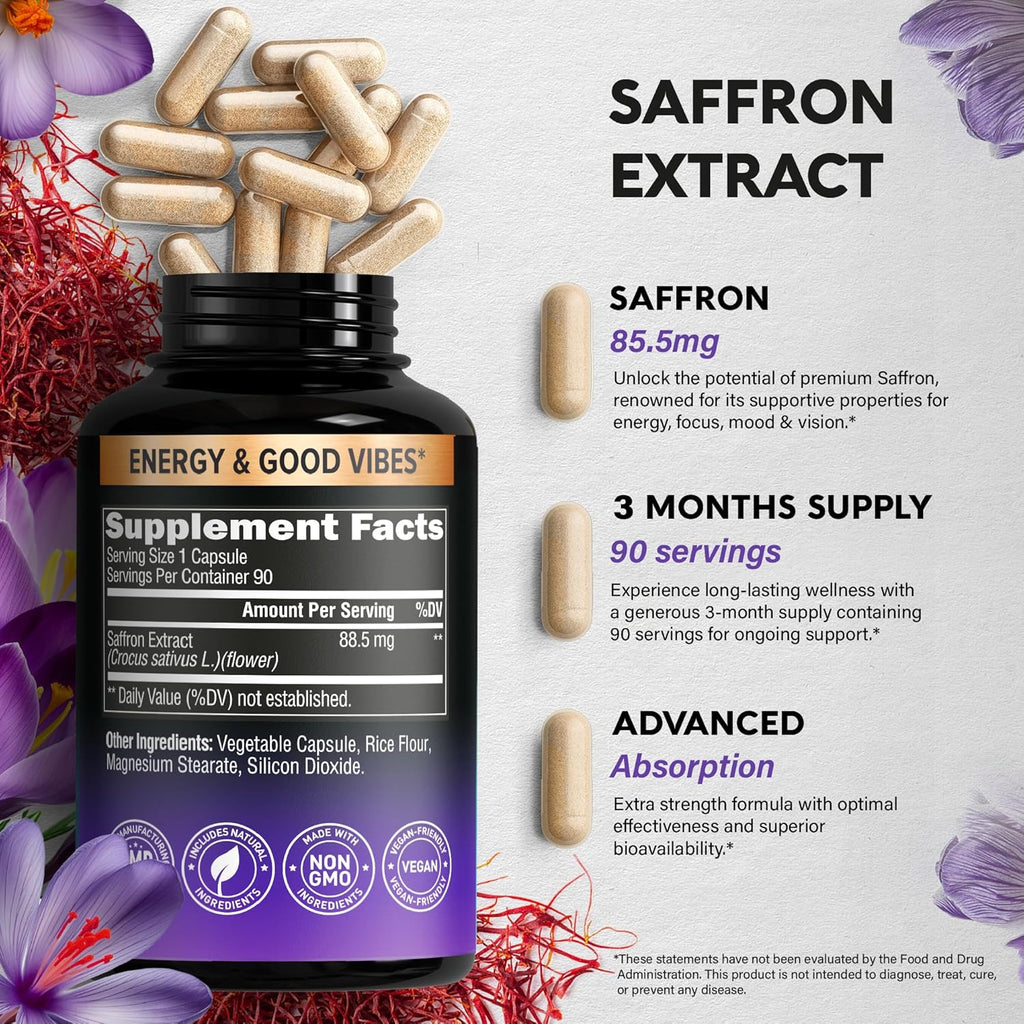 Extracto Puro de Azafrán 88.5 mg, 90 Cápsulas Veganas