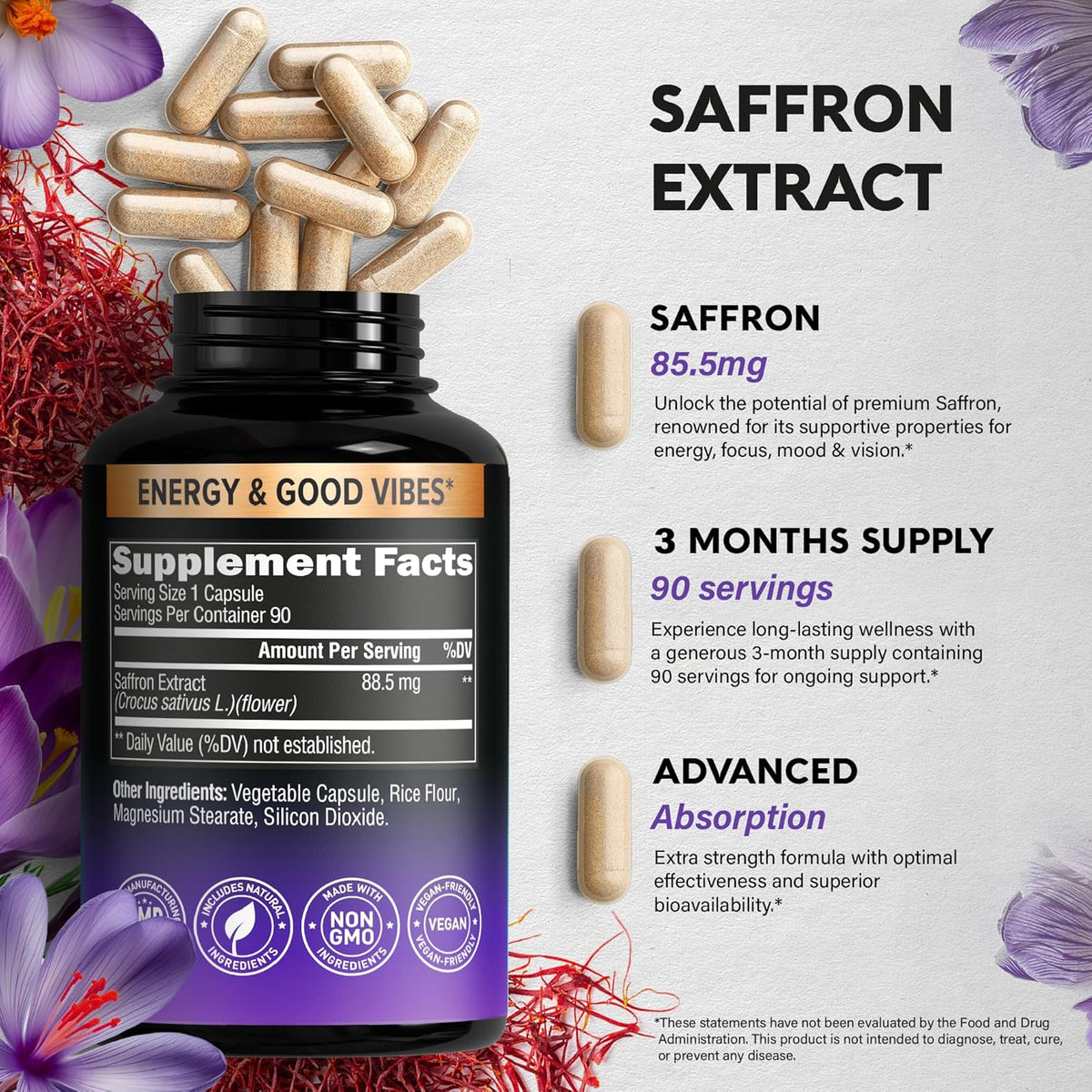 Extracto Puro de Azafrán 88.5 mg, 90 Cápsulas Veganas – Image 6