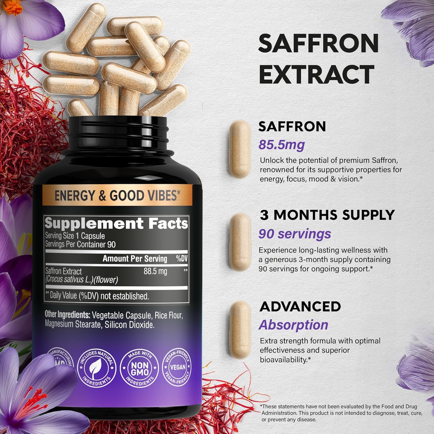Extracto Puro de Azafrán 88.5 mg, 90 Cápsulas Veganas